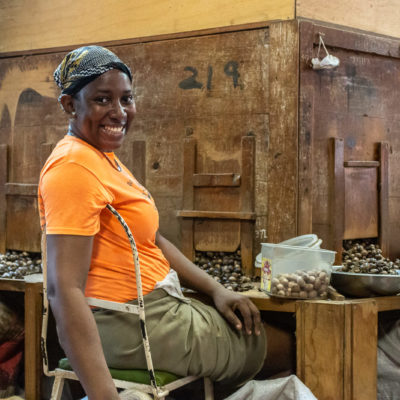 Eine Mitarbeiterin in der Sortierung von Muskatnüssen bei der Gouyave Nutmeg Processing Cooperative bei der Muskatnuss-Sortierung